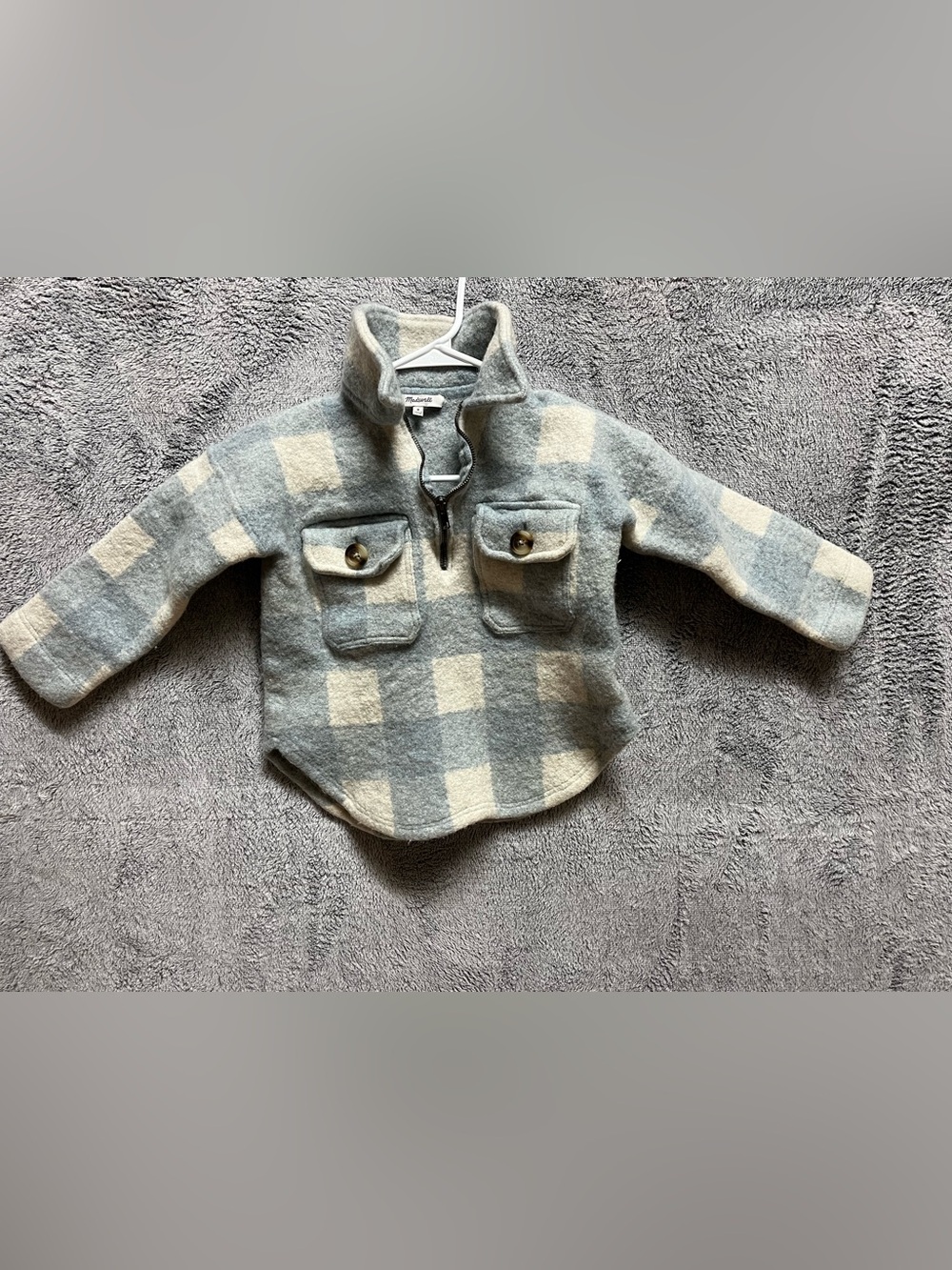 Madewell Kids M Plaid Half-Zip Pullover Cream light blue/grey 100% merlino wool